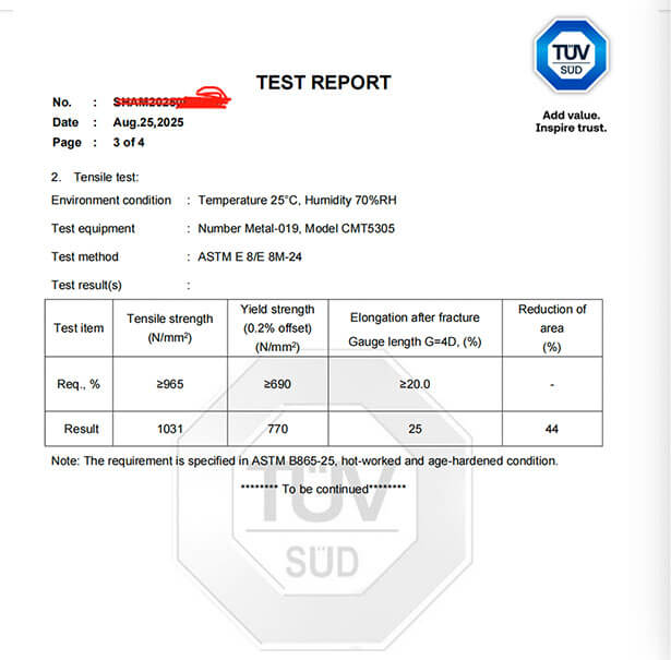 ASTM B865 UNS N0550 Test Report